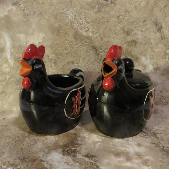 Vintage Creamer And Sugar Rooster Design Black With Red Japan - Picture 1 of 8